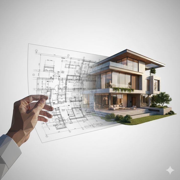 Plan d'architecte se transformant en maison réelle