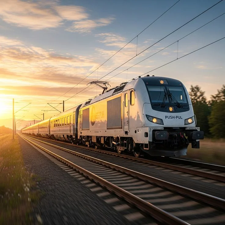 Locomotive moderne circulant sur une voie ferrée au coucher du soleil